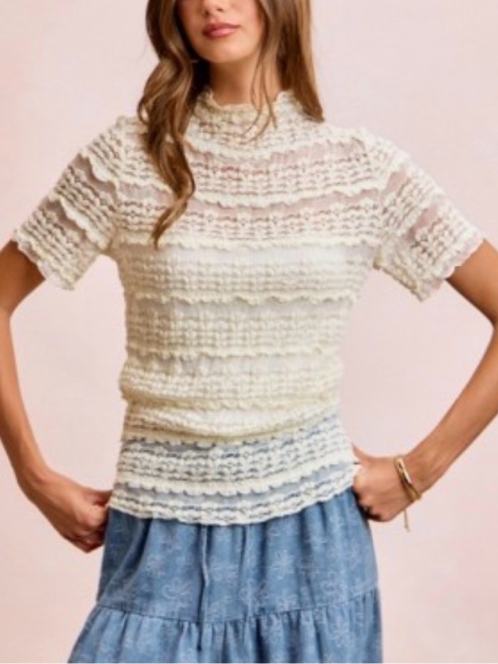 BiBi Cream Short Sleeve Premium Lace-Texture Top